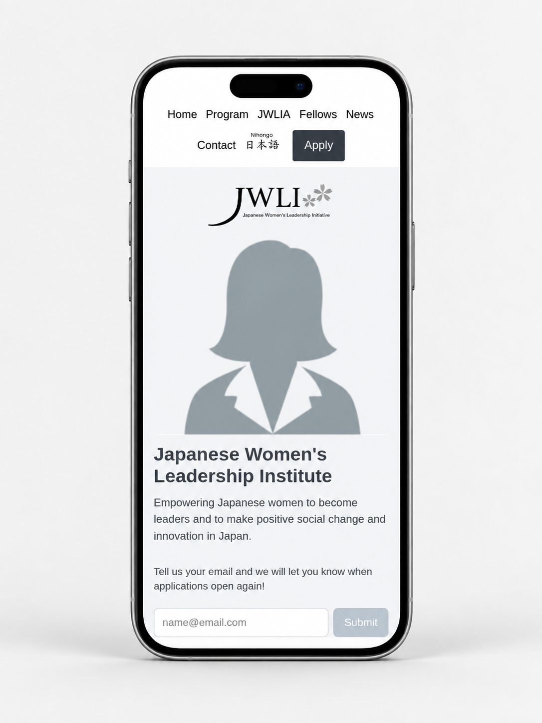 Japanese Women's Leadership Institute website shown on mobile