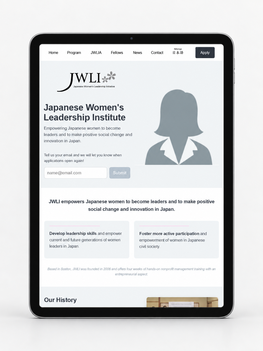 Japanese Women's Leadership Institute website shown on tablet