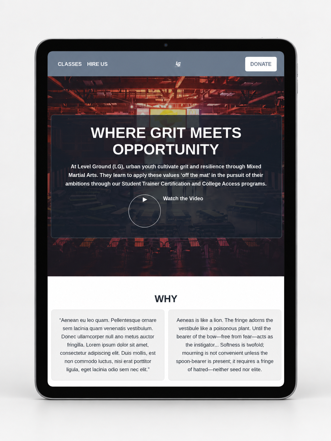 Level Ground website shown on tablet